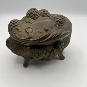 Vtg Art Nouveau Gold Brass Floral Pinecone Casket Lidded Jewelry Trinket Box AB